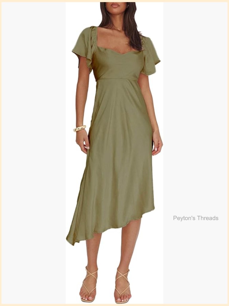 Satin Cowl Neck Flutter Sleeve Midi Dress Tie Back Asymmetrical Formal